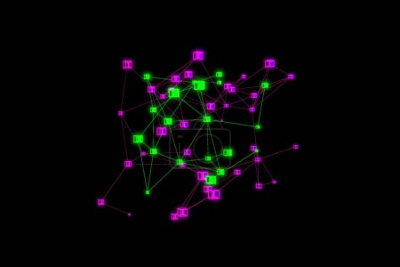 Cubes polygon network illuminated in purple and green. Abstract plexus, science, connections, wire, cube shape, futuristic, system, digital geometry. 