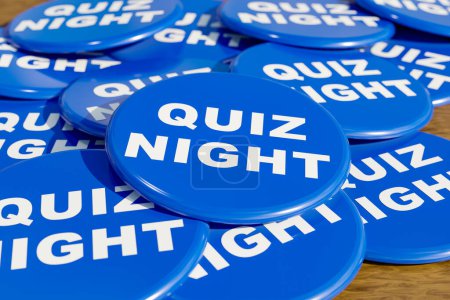 Noche de preguntas. Insignias azules colocadas sobre la mesa con el mensaje "Quiz Night". Juegos de ocio, actividades, noche de juegos, evento, fiesta, jugar. Ilustración 3D