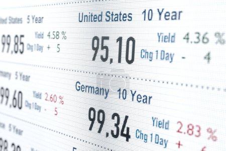 Staatsanleihen, Renditen und Preise der Vereinigten Staaten und Deutschlands. Anleihenhandel, Zinssätze, Investitionen. 3D-Illustration