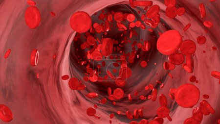 Células sanguíneas que fluyen por la vena. Hemoglobina, corpúsculo, flujo sanguíneo, arteria, plasma sanguíneo. Ilustración 3D