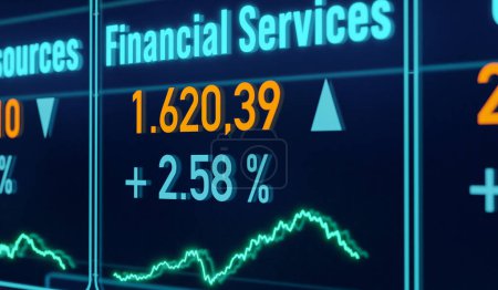 Financial Services index, market data finance industry. Price information, changes, stock market and exchange, business, sector index, trading. 3D illustration