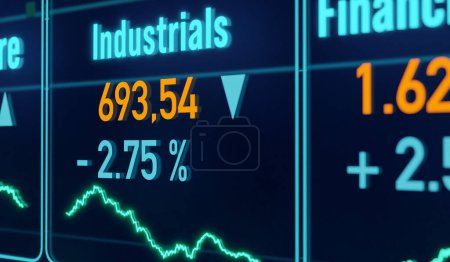 Industrials index, market data industry. Price information, changes, stock market and exchange, business, sector index, trading. 3D illustration