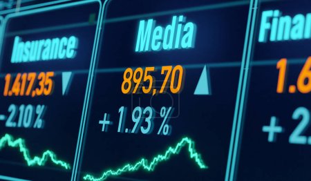 Media index, market data media industry. Price information, changes, stock market and exchange, business, sector index, trading. 3D illustration