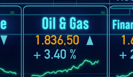 Foto de Índice de petróleo y gas, datos de mercado de la industria del petróleo y gas. Información de precios, cambios, bolsa y bolsa, negocios, índice de sector, comercio. Ilustración 3D - Imagen libre de derechos