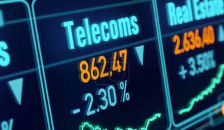 Telekommunikationssektor Aktienindex, Marktdaten Telekommunikationsbranche. Preisinformationen, Änderungen, Börse und Börse, Unternehmen, Sektorindex, Handel. 3D-Illustration