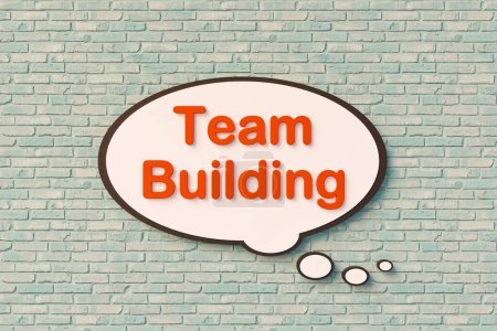 Teambildung. Sprechblase, orangefarbene Buchstaben gegen die Mauer. Teamgeist, Miteinander, Teamwork, Partnerschaft. 3D-Illustration