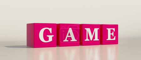 Game, single word. Pink dices with white letters and the text, game.  3D illustration