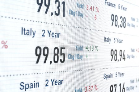 Bonos del Estado, rendimiento y precios de España e Italia. Mercado de bonos, tasas de interés, inversión. Ilustre 3D