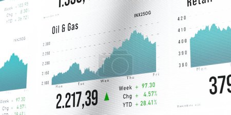 Öl- und Gasvorräte, Sektordiagramm nach oben. Börsen- und Börsenmonitor mit Charts und Branchenhandelsinformationen. Daten aus der Rohstoff-, Öl- und Gasindustrie. 3D-Illustration