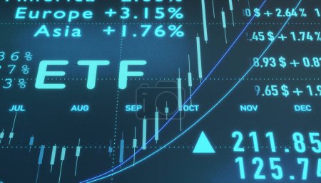 Inversión ETF (Exchange Traded Funds). Operaciones, mercados financieros, datos, negocios, fondos de inversión. Mercado bursátil abstracto y concepto de cambio.