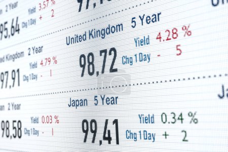 Japanische und britische Staatsanleihen, Renditen und Preise. Handel mit britischen und japanischen Anleihen, Zinssätze, Finanzmärkte, Investitionen, Börse und Börse. 3D-Illustration