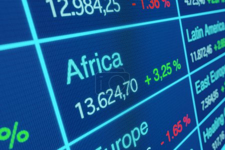 Bourse africaine, variation positive de l'indice en pourcentage. Augmentation de l'indice boursier africain. Investissement, affaires, croissance, progrès, rendement positif. Illustration 3D