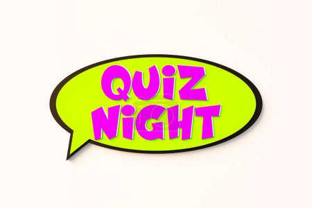 Quiz night, cartoon speech bubble. Colored online chat bubble, comic style. Games, leisure activity, game night, entertainment event, quiz, gamer, bingo, playing. 3D illustration
