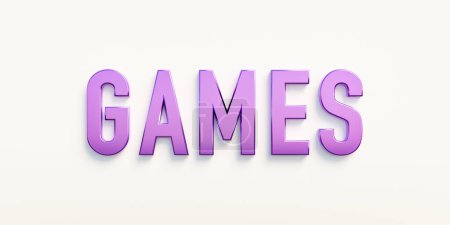 Spiele, Banner - Zeichen. Das Wort "Spiele" in lila Großbuchstaben. Lauschaktivität, Spielenacht, Kultur, Unterhaltung. 3D-Illustration