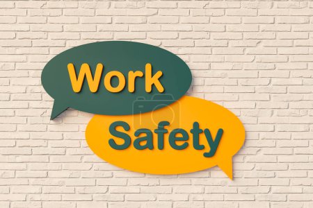 Arbeitssicherheit. Cartoon-Sprechblase in gelb und dunkelgrün, Ziegelwand. Sicher, Sicherheit, Vormundschaft, Schutz, Deckung. 3D-Illustration