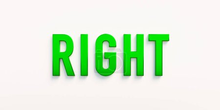 Right, banner - sign. The word "right" in green capital letters. Correct, accurate, exact, precise. 3D illustration