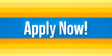 Apply now. Yellow and blue colored stripes. The text, apply now in white letters. Hiring, recruitemt, opportunity, new job, career, trainee.