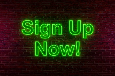 Photo for Sign up now! Brick wall at night with the text "sign up now" in green neon letters. Register, subscription, apply for. 3D illustration - Royalty Free Image