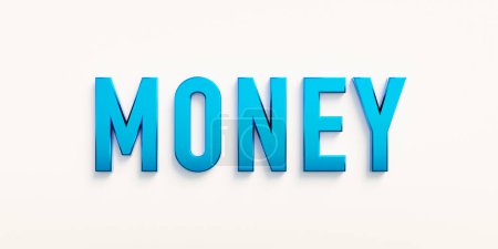 Argent, bannière - signe. Le mot "argent" en majuscules bleues. Espèces, salaire, valeur, monnaie. Illustration 3D