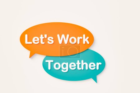 Trabajemos juntos. Burbuja de chat en naranja, colores azules. Contratación, trabajo en equipo, motivación, apoyo, reclutamiento, creación de equipos, asociación. Ilustración 3D