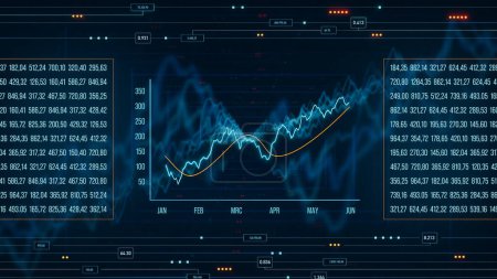 Blaue Linie Diagramm steigt mit gleitendem Durchschnitt zwischen Finanzzahlen und Daten. Unternehmen, Börsendaten, Information, Wachstum, Fortschritt, Finanzen und Industrie.