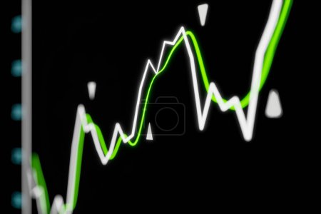 Nahaufnahme Börsencharts mit grünem Durchschnitt bewegt sich nach oben. Weiße Pfeile zeigen während des Trends nach oben und unten.