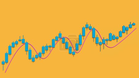 Steigende Kerzen, Aktienmarkt, orangefarbener Hintergrund. Handel, Geschäft, Linie, Grafik. 3D-Illustration