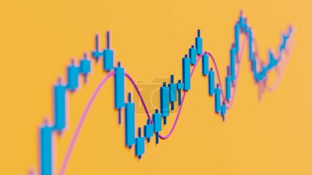 Nahaufnahme des steigenden Börsencharts, orangefarbener Hintergrund. Grafik, Aufstieg, Geschäft, Konzept. 3D-Illustration