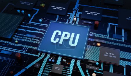 Motherboard mit CPU, Halbleitern und anderen Computerbauteilen. Transistor, Spule, Schaltungen und Zufallsspeicher, Technologie. 3D-Illustration