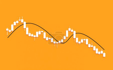 Fallende Kerzen, Börsencrash, orangefarbener Hintergrund. Trading, business, line, bear marekt, graph. 3D-Illustration