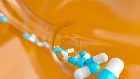 Blue medical pills, capsules falling through a glass tube. Industrial production of capsules, medicine, antibiotics, drugs. 