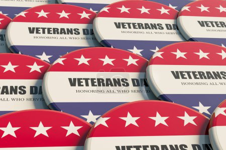 Día de los veteranos. Insignias en los colores nacionales de los Estados Unidos. Bandera de Estados Unidos, militar, soldado, combate, batalla, héroes, protección, orgullo.