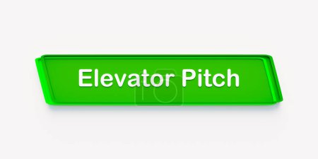 Elevator pitch. Green colored banner. Applying, presentation, convince, impose, chance opportunity. 