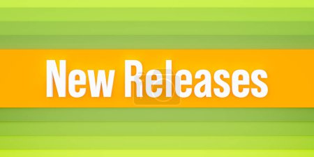 New releases. Yellow and green colored stripes. The text, news releases in white letters. Update, version, new product, upgrade, improvement, variation.