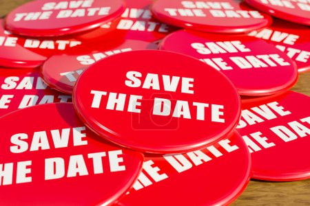 Speichern Sie das Datum. Rote Plaketten mit der Aufschrift "Save the date" liegen auf dem Tisch. Termin, Veranstaltung, Termin. 3D-Illustration