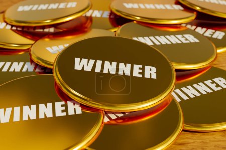 Sieger. Goldene Plaketten mit der Aufschrift "Gewinner" liegen auf dem Tisch. Herausforderung, Erfolg, Trophäe, Auszeichnung. 3D-Illustration