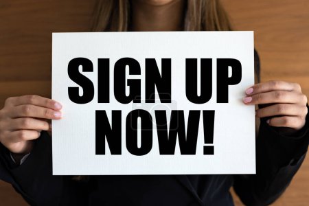 Sign up now! Woman with white page, black letters.Subscription, register, applying, opportunity.