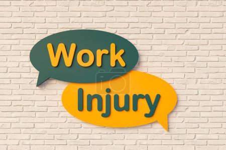 Work injury. Cartoon speech bubble in yellow and dark green, brick wall. Damage, fracture, suffering, bruise, abuse, trauma, loss, scar.  3D illustration