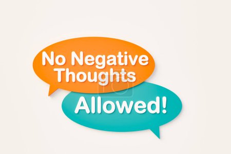 No se permiten pensamientos negativos. Burbuja de chat en naranja, colores azules. Emociones negativas, objeciones, dudas, preocupaciones, pensamiento, tolerancia, negatividad, veto, desacuerdo. Ilustración 3D