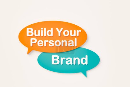 Bauen Sie Ihre persönliche Marke auf. Chat-Blase in orange, blauen Farben. Inspiration, Influencer, Blogger, Branding, Kreation, Herstellung, Social Media, Marketing. 3D-Illustration