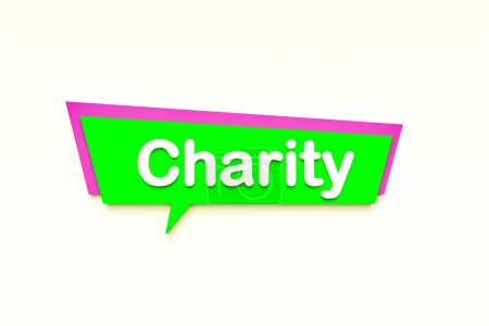 Charity, colored cartoon speech bubble, white text. Support, donation, helping hand, generosity. 3D illustration