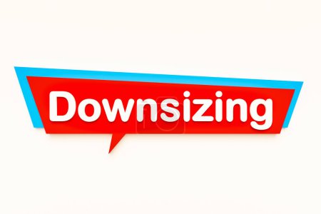 Downsizing, colored cartoon speech bubble, white text. Small, reduction, measurement, scale down. 3D illustration