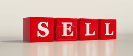 Verkaufen, ein einziges Wort. Rote Würfel mit weißen Buchstaben und dem Text, verkaufen. Einzelhandel, Handel, Preis, Markt. 3D-Illustration