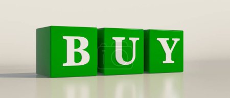 Kaufen, einzelnes Wort. Grüne Würfel mit weißen Buchstaben und dem Text, kaufen. Kaufen, beschaffen, einkaufen, handeln. 3D-Illustration