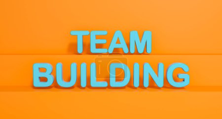 Team Building. Lettres en plastique brillant bleu, fond jaune. Travail d'équipe, ensemble, stratégie d'entreprise, organisation. Illustration 3D