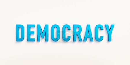 Democracia, bandera - signo. La palabra "democracia" en mayúsculas azules. República, soberana, autonomía, libre, independiente, derechos humanos. Ilustración 3D