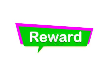 Reward, colored cartoon speech bubble, white text. Bonus, special payment, income. 3D illustration