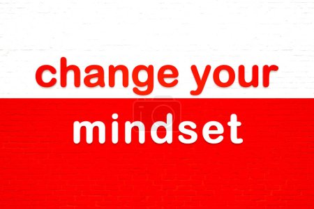 Change your mindset. Colored letters against a white and red brick wall. Advice, improvement, changing, different, new thoughts. 3D illustration