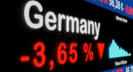 Germany stock exchange moving down. Red percentage sign, falling, reduction, stock market ticker, information, business concept. 3D illustration