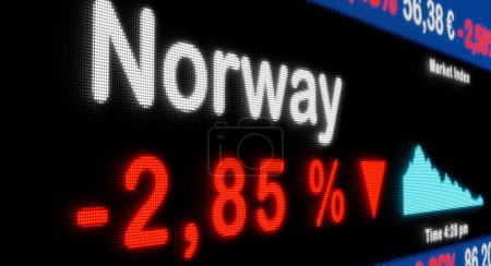 Norway stock exchange moving down. Red percentage sign, falling, reduction, stock market ticker, information, business concept. 3D illustration